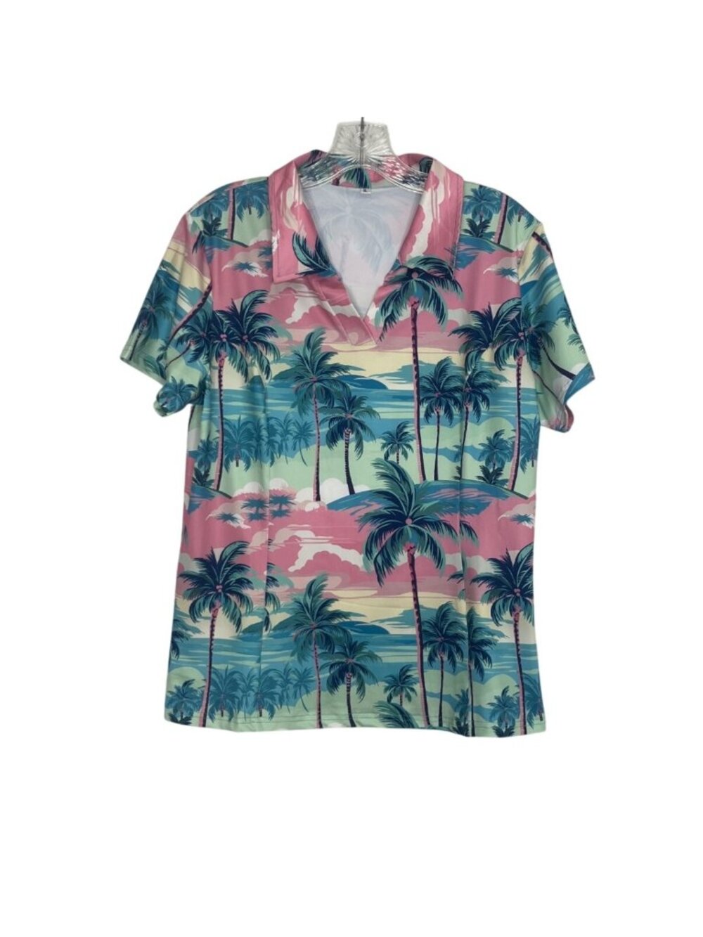 Tropical Palm Tree Polo Shirt Womens XL Pink Blue Green New Vacation